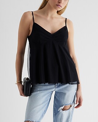 Mesh V-Neck Tie Strap Babydoll Cami Black Women's M