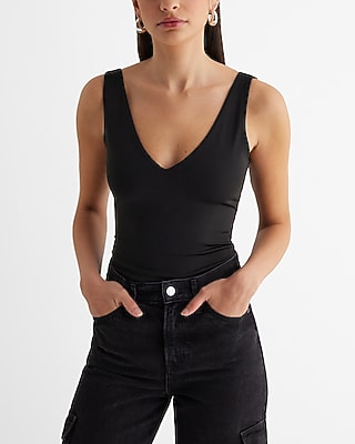 Bodycon High Compression Double V-Neck Bodysuit Black Women's XS