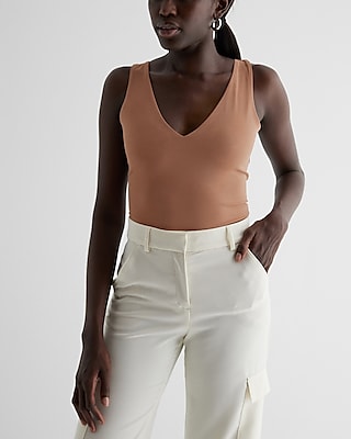 Bodycon High Compression Double V-Neck Bodysuit Brown Women's XL