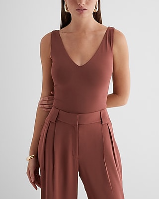 Bodycon High Compression Double V-Neck Bodysuit Brown Women's XL