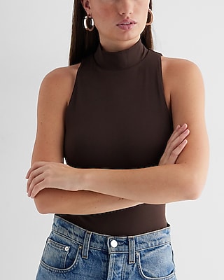 Bodycon High Compression Mock Neck Bodysuit Brown Women's M