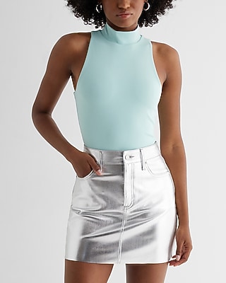 Bodycon High Compression Mock Neck Bodysuit Blue Women's M