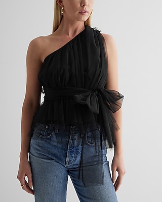 Tulle One Shoulder Peplum Top Black Women's XS