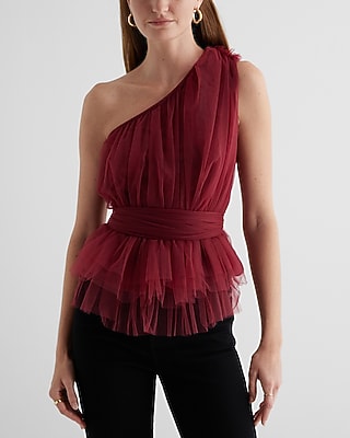 Tulle One Shoulder Peplum Top Brown Women's L