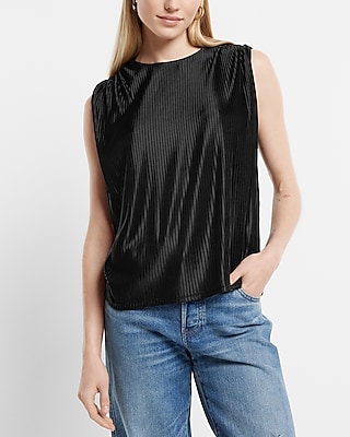 Metallic Foil Crew Neck Pleated Sleeveless Top