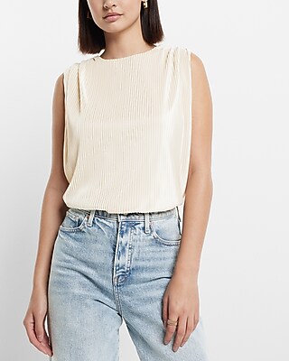 Metallic Foil Crew Neck Pleated Sleeveless Top Neutral Women's XS