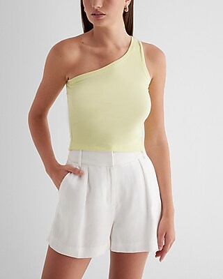 Fitted Ribbed One Shoulder Crop Top Yellow Women's XL