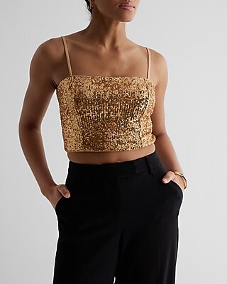 Sequin Square Neck Crop Top Brown Women's XL