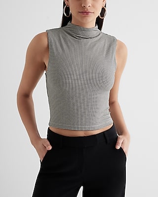 Bodycon High Compression Houndstooth Mock Neck Crop Top