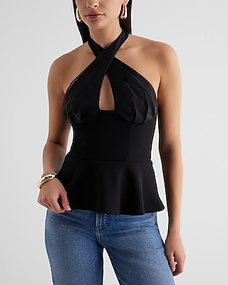 Organza Statement Bow Halter Peplum Tank
