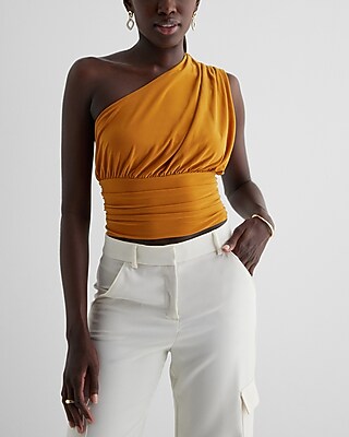 Skimming One Shoulder Ruched Tank Yellow Women's XS