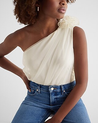 Mesh Rosette One Shoulder Sleeveless Bodysuit