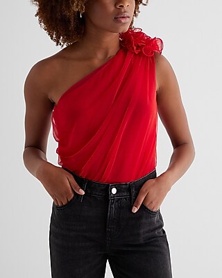 Mesh Rosette One Shoulder Sleeveless Bodysuit Red Women's XS