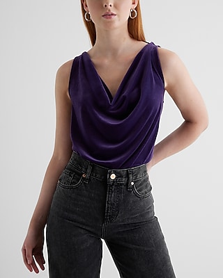 Skimming Velvet Double Cowl Neck Sleeveless Bodysuit