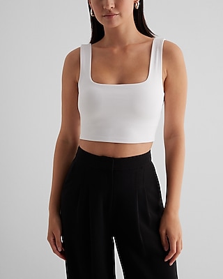 Body Contour High Compression Square Neck Crop Top With Bra Cups White Women's L