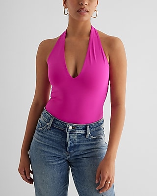Bodycon High Compression Deep V-Neck Halter Bodysuit Pink Women's XS