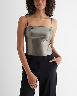 Bodycon Metallic Faux Leather Square Neck Crop Top Silver Women's S