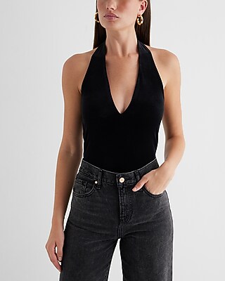 Bodycon Velvet Deep V-Neck Halter Bodysuit