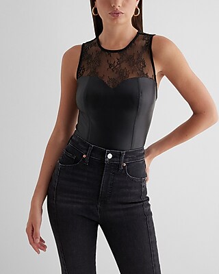 Bodycon High Neck Faux Leather Lace Bodysuit Black Women's XS