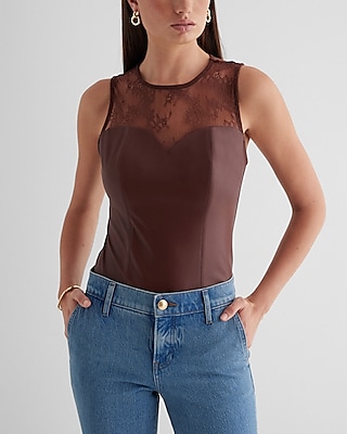 Bodycon High Neck Faux Leather Lace Bodysuit