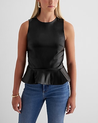 Faux Leather Crew Neck Peplum Tank Black Women's S