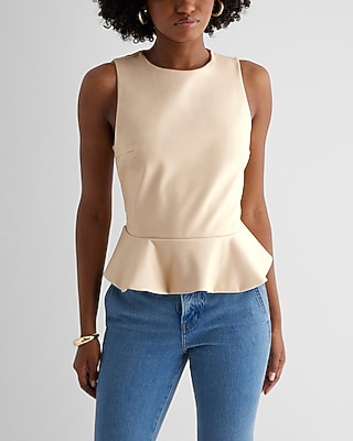 Faux Leather Crew Neck Peplum Tank Neutral Women's XS