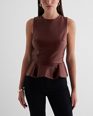 Faux Leather Crew Neck Peplum Tank