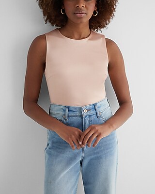 Bodycon Satin Crew Neck Bodysuit Black Women's L