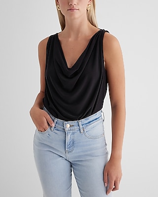 Skimming Double Cowl Neck Sleeveless Bodysuit Black Women's M