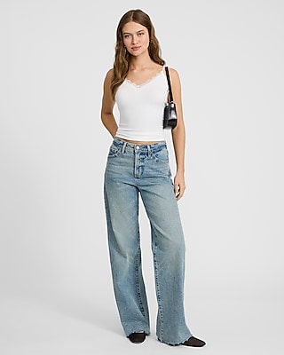 Ribbed Fitted V-Neck Lace Trim Cami White Women's S