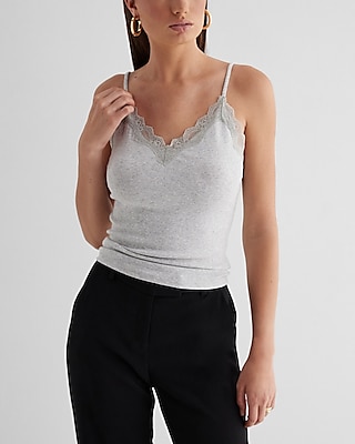 Ribbed Fitted V-Neck Lace Trim Cami Gray Women's L