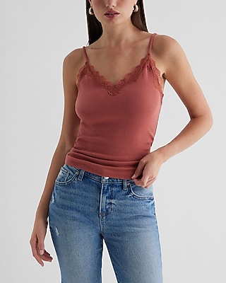 Ribbed Fitted V-Neck Lace Trim Cami Pink Women's XS