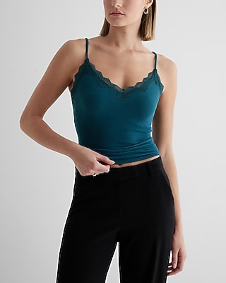 Ribbed Fitted V-Neck Lace Trim Cami Green Women's M