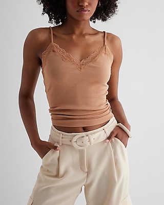 Ribbed Fitted V-Neck Lace Trim Cami Brown Women's L