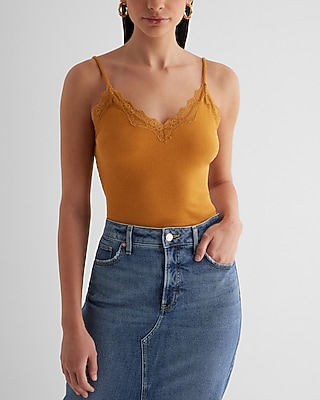 Ribbed Fitted V-Neck Lace Trim Cami Yellow Women's XS