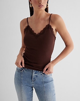 Ribbed Fitted V-Neck Lace Trim Cami Brown Women's XS