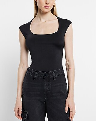 Bodycon Compression Scoop Neck Cap Sleeve Bodysuit Black Women's XS