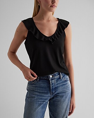 Ribbed V-Neck Ruffle Tank Black Women's S