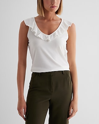 Ribbed V-Neck Ruffle Tank White Women's XL