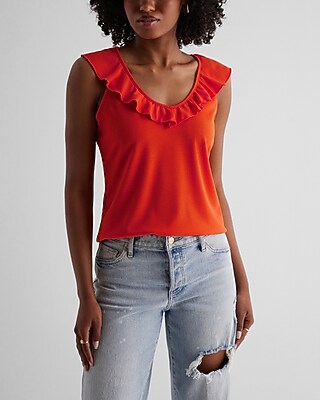 Ribbed V-Neck Ruffle Tank Orange Women's XS