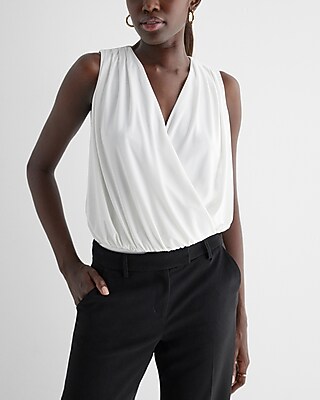 V-Neck Surplice Pleated Shoulder Bodysuit White Women's L