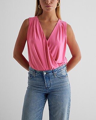 V-Neck Surplice Pleated Shoulder Bodysuit Pink Women's XL