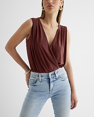 V-Neck Surplice Pleated Shoulder Bodysuit Brown Women's XS