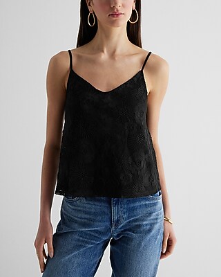 Embroidered Floral Mesh V-Neck Cami Black Women's L