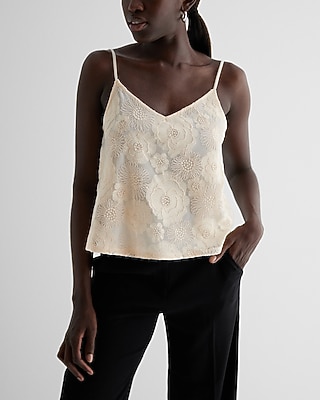 Embroidered Floral Mesh V-Neck Cami White Women's M