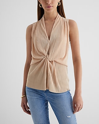 V-Neck Pleated Twist Front Draped Tank Neutral Women's XL