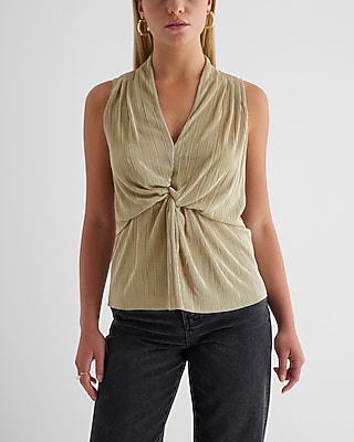 V-Neck Pleated Twist Front Draped Tank Green Women's XL