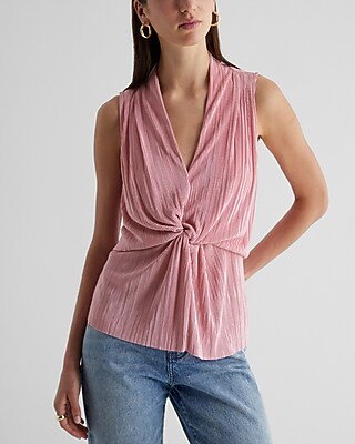V-Neck Pleated Twist Front Draped Tank Pink Women's XL