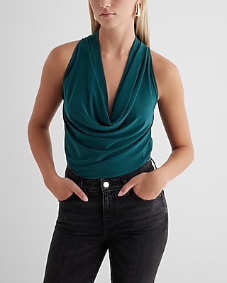 Draped Cowl Neck Racerback Tank Green Women's XS