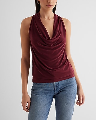 Draped Cowl Neck Racerback Tank Red Women's XS
